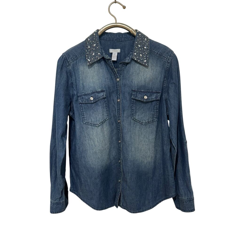 Chico's Denim Western Shirt Rhinestone Bling Country 2 L/12